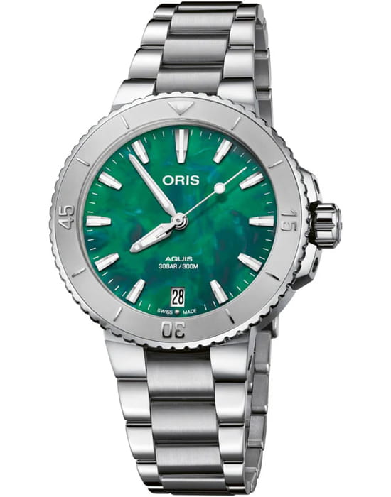 Oris Oris Aquis Oris X Bracenet 01 733 7770 4137-07 8 18 05P  01 733 7770 4137-07 8 18 05P механические женские часы зеленый циферблат, браслет нержавеющая сталь — вид спереди